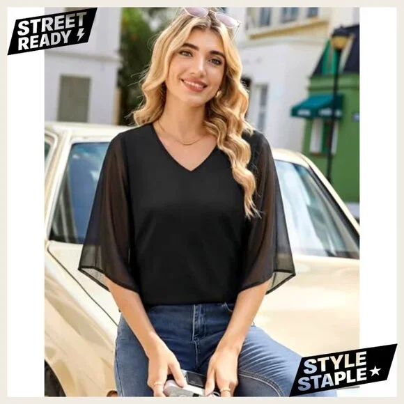 3/4 Sleeve V-Neck Chiffon Blouse Double Layer Casual Dressy Top - Picture 6 of 7